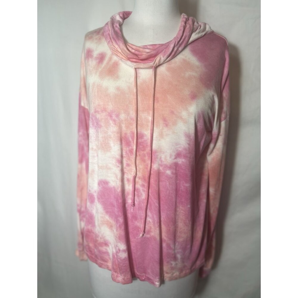 Hem‎ & Thread Pink/Orange Long Sl, Lightweight Knit top Womens Sz Med-drawstring